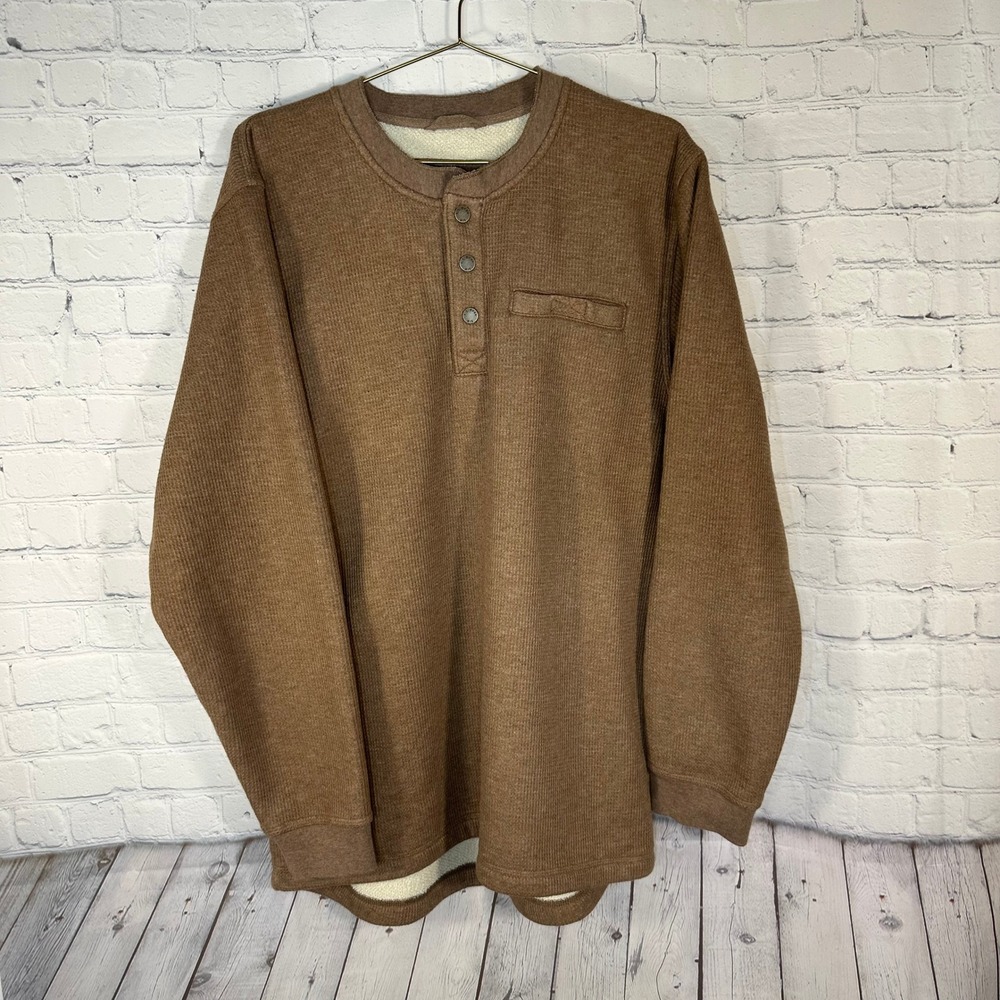 LL Bean Katahdin Iron Works Henley Fleece Lined Waffle Sweatshirt Brown LG Tall